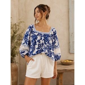 Women's Blouse Top Peasant Floral Square Neck Lace Blue 3/4 Sleeve Artsy Linen